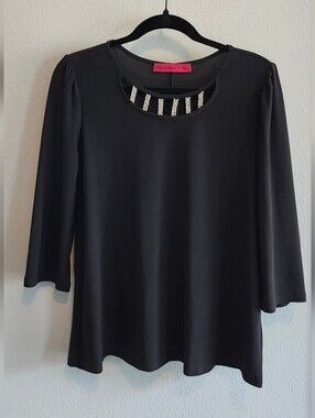Love Scarlett Black Long-Sleeve Top with Rhinestones & Pearls Neckline